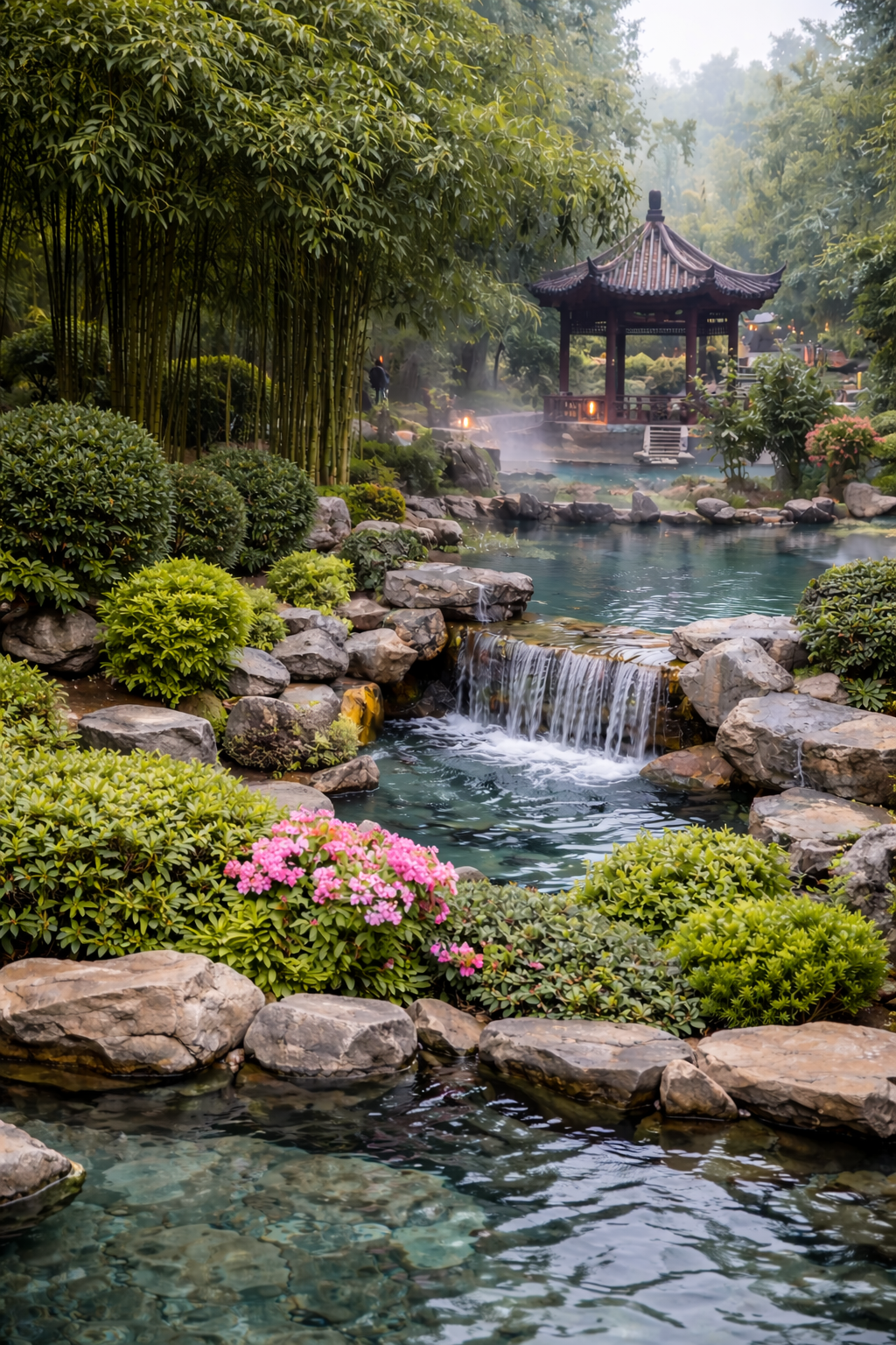 Scenic garden area and poolside setting at Ronghui Hot Springs