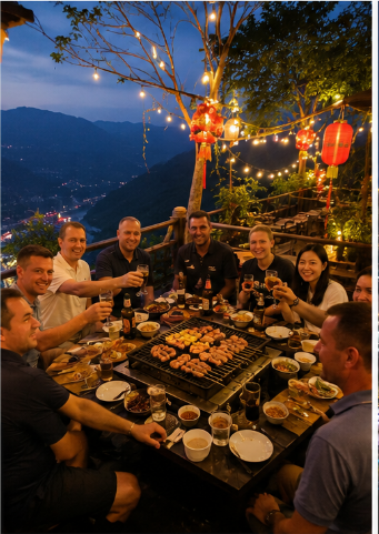 D&icirc;ner de bienvenue au Mountain BBQ &agrave; Chongqing, en Chine