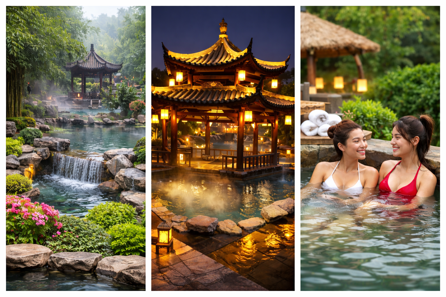 Sources thermales de Ronghui &agrave; Chongqing avec de la vapeur au-dessus du bassin ext&eacute;rieur principal