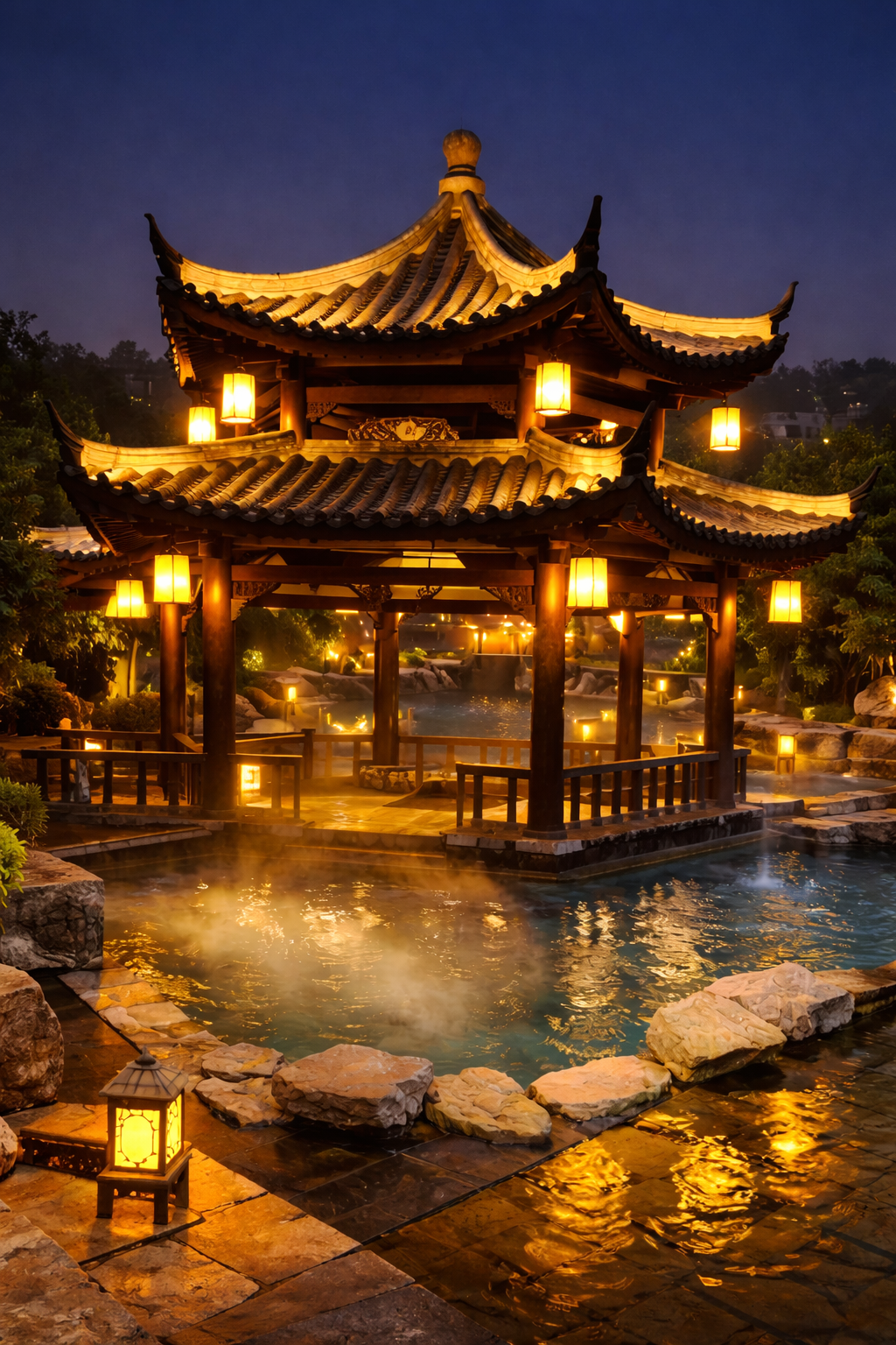 Espace thermal couvert avec vapeur et pierres naturelles aux sources thermales de Ronghui