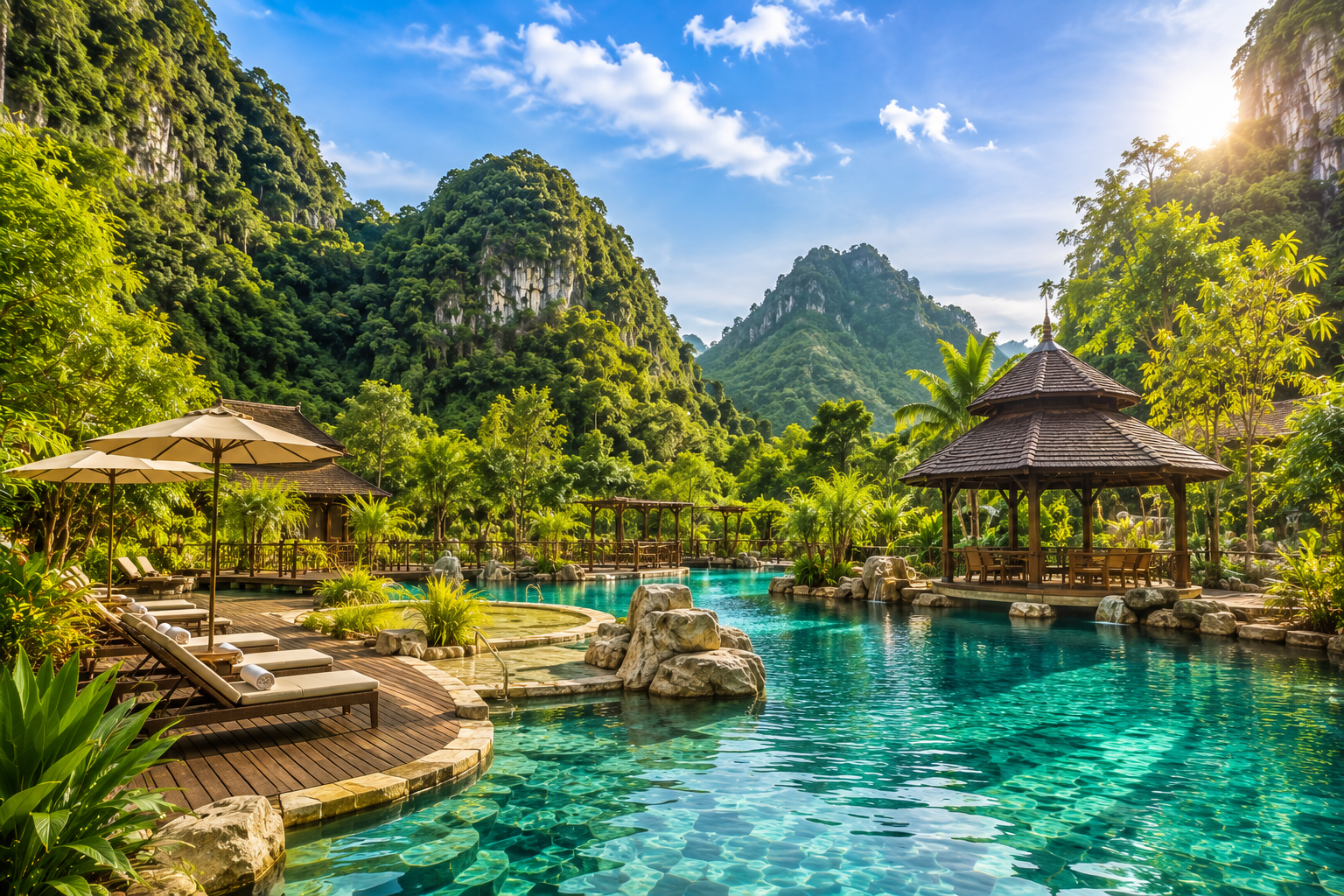 Piscine et collines calcaires du Banjaran Hotsprings Retreat en Malaisie