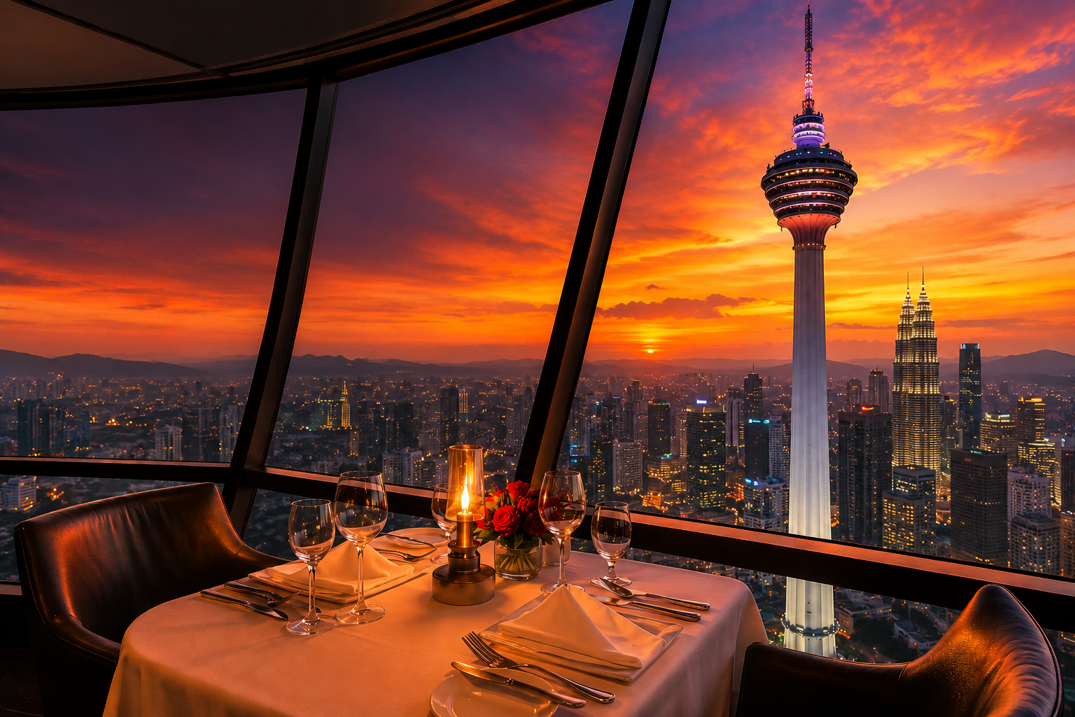 D&icirc;ner au coucher du soleil &agrave; la tour de Kuala Lumpur pendant le voyage pour c&eacute;libataires en Malaisie