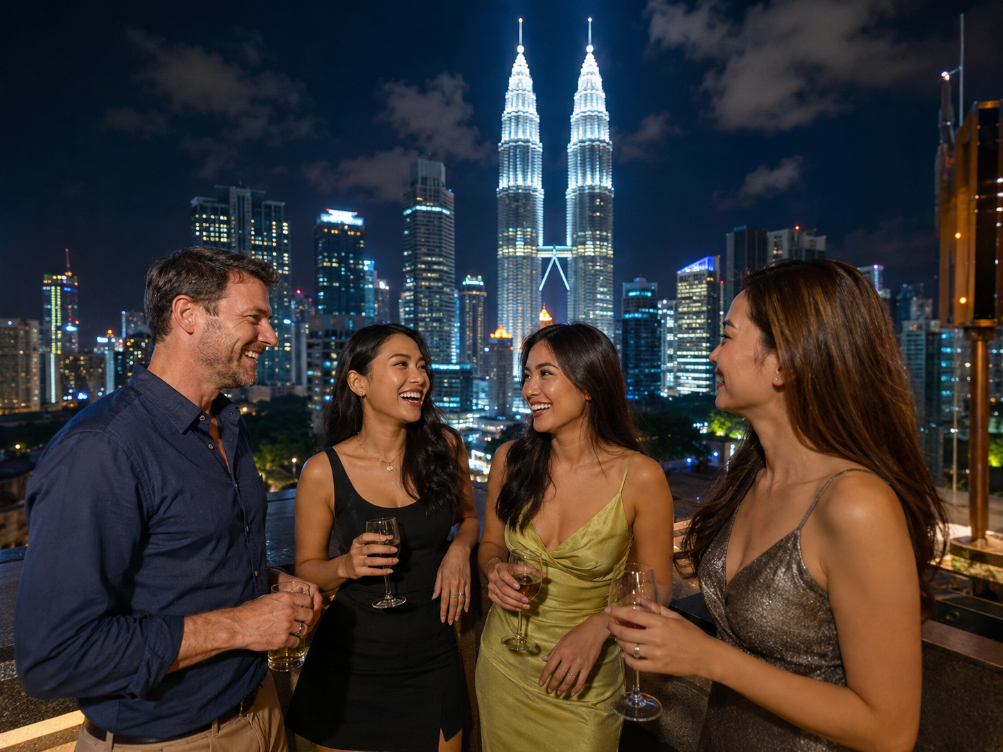 Participants au voyage pour c&eacute;libataires en Malaisie profitant d&rsquo;une activit&eacute; nocturne &agrave; Kuala Lumpur