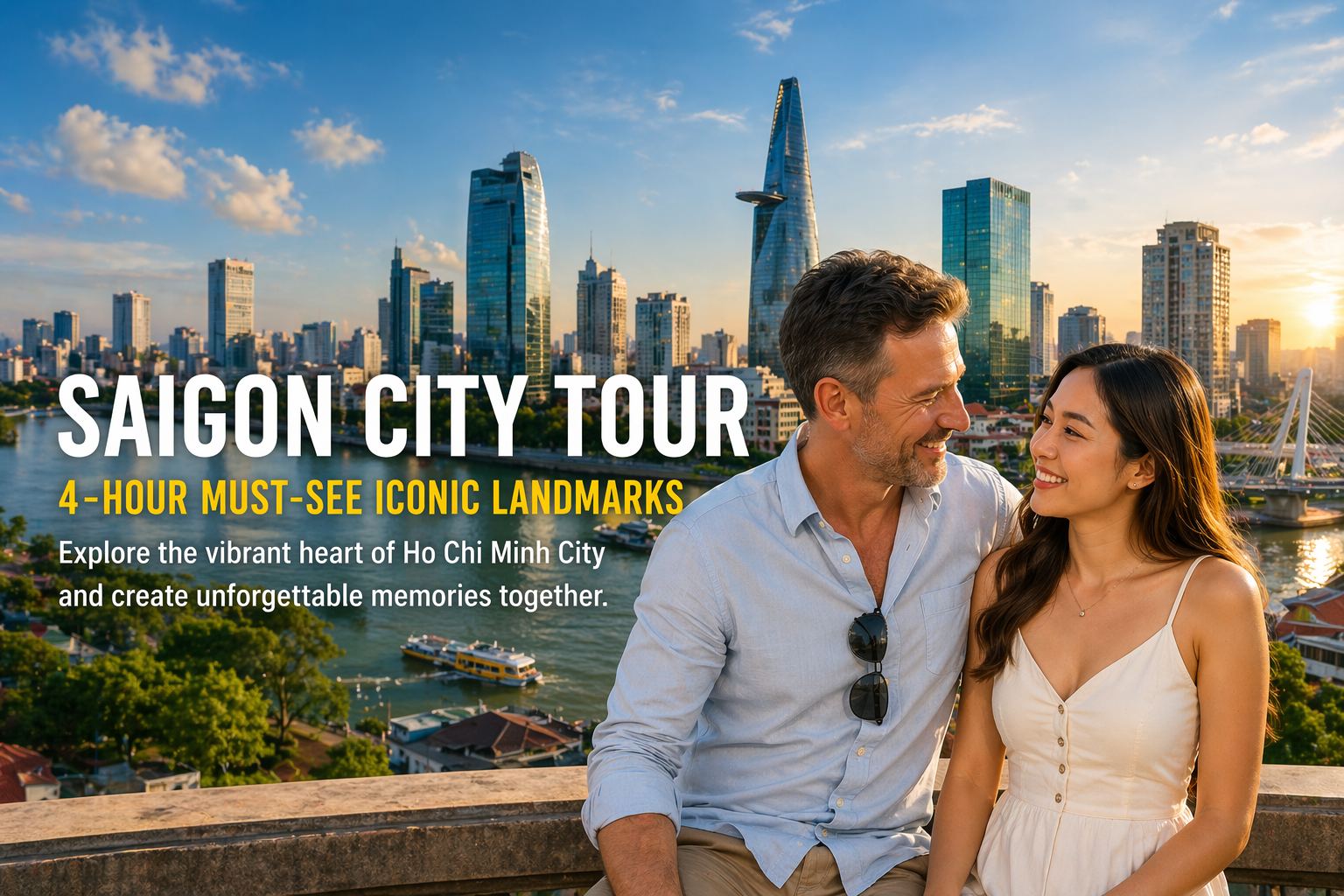 Visite de Sa&iuml;gon avec le panorama de H&ocirc; Chi Minh-Ville et un couple d&eacute;couvrant le Vietnam